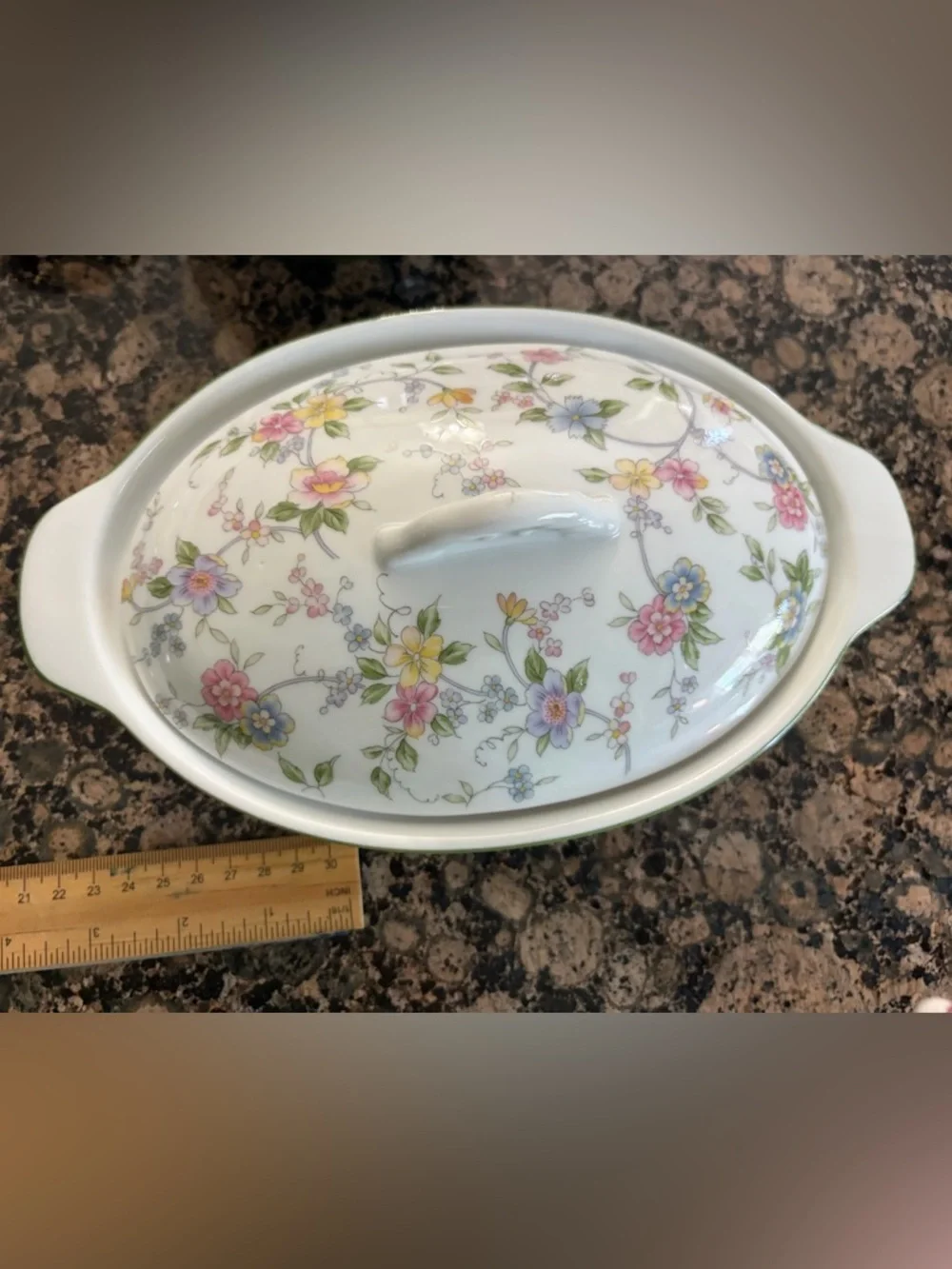 Andrea By Sadek White Porcelain Covered Serving Dish with Pastel Floral Design